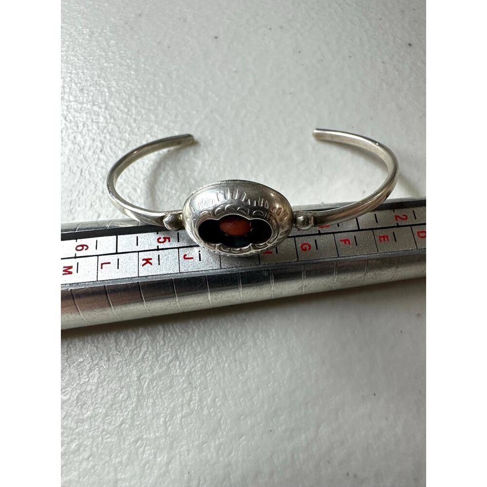 Vintage Navajo Sterling Silver Baby Cuff Bracelet Coral Shadowbox Tiny Toddler